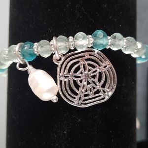 Beaded Stretch Bracelet Freshwater Pearl Sand Dollar Gold Charm Aqua Blue Silver